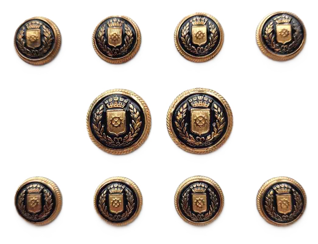 Vintage Tom James Semidome Blazer Buttons Set Gold Brass Black Enamel Crown