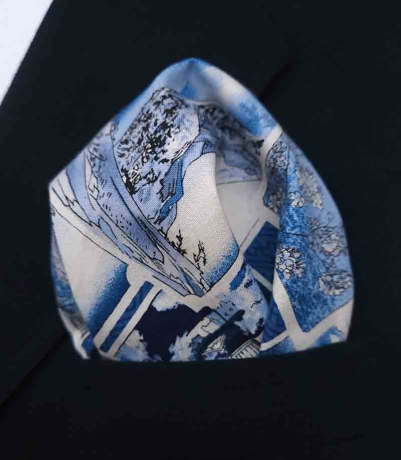Gascoigne Hand Stitched Japanese Cotton Pocket Square Blue White Men's