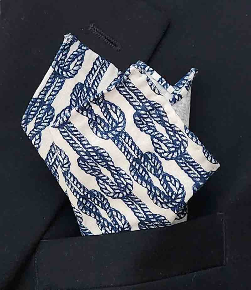 Gascoigne Hand Stitched Pocket Square Cotton Blue White Sailor's Knot Men's