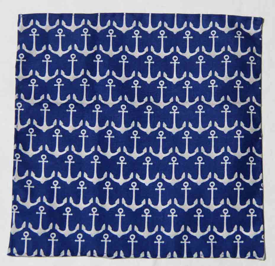 Gascoigne Hand Stitched Pocket Square Blue White Nautical Anchor Pattern Men's