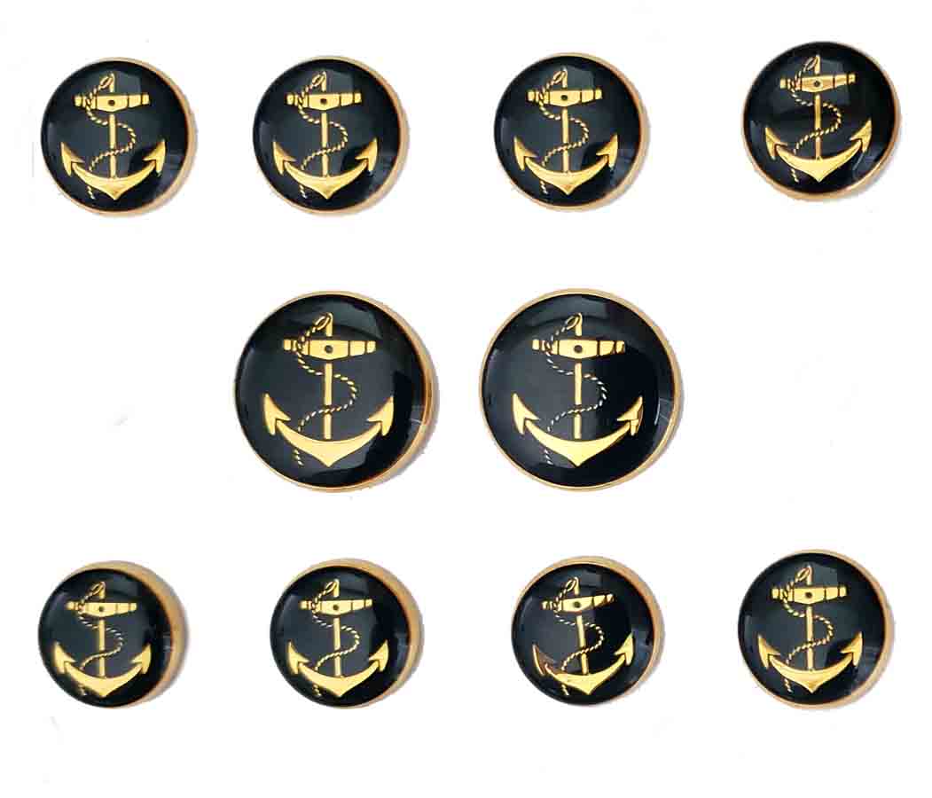 Vintage Holland and Sherry England Blazer Buttons Set Brass Enamel Gold Black Nautical Anchor Men's