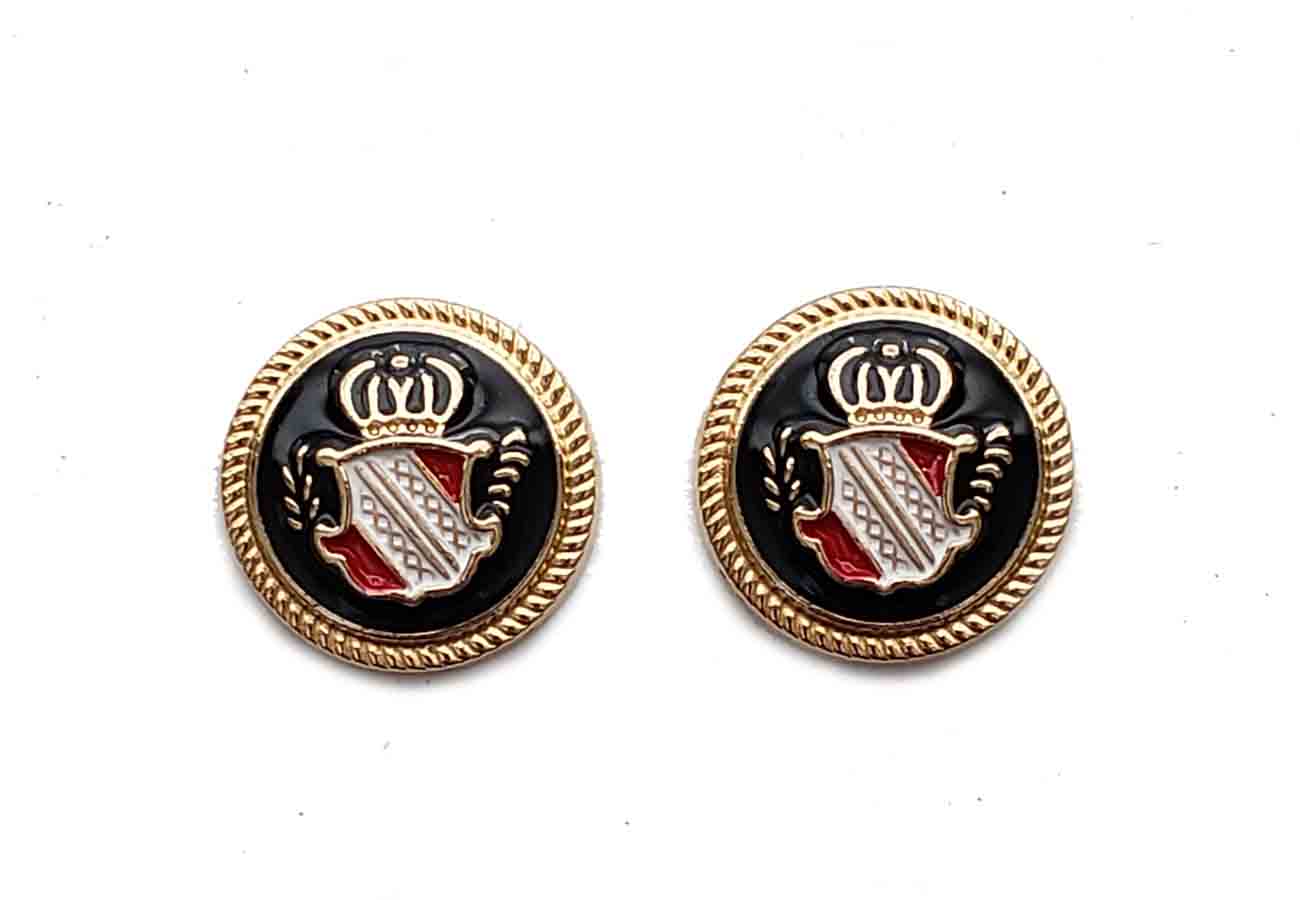 Two New Semi-Dome Metal and Enamel Blazer Buttons Gold Black Red White Crown Shield