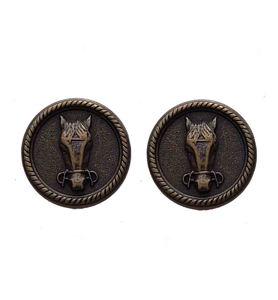 Two Large Equestrian Horse Head Jacket Coat Buttons Antique Gold Brown Brass