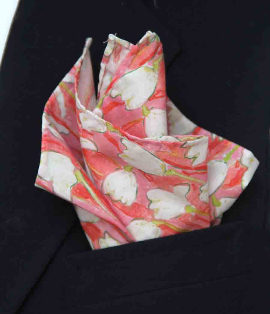 Hand Stitched Cotton Pocket Square Tulip Bloom Floral Pink White Green Men's