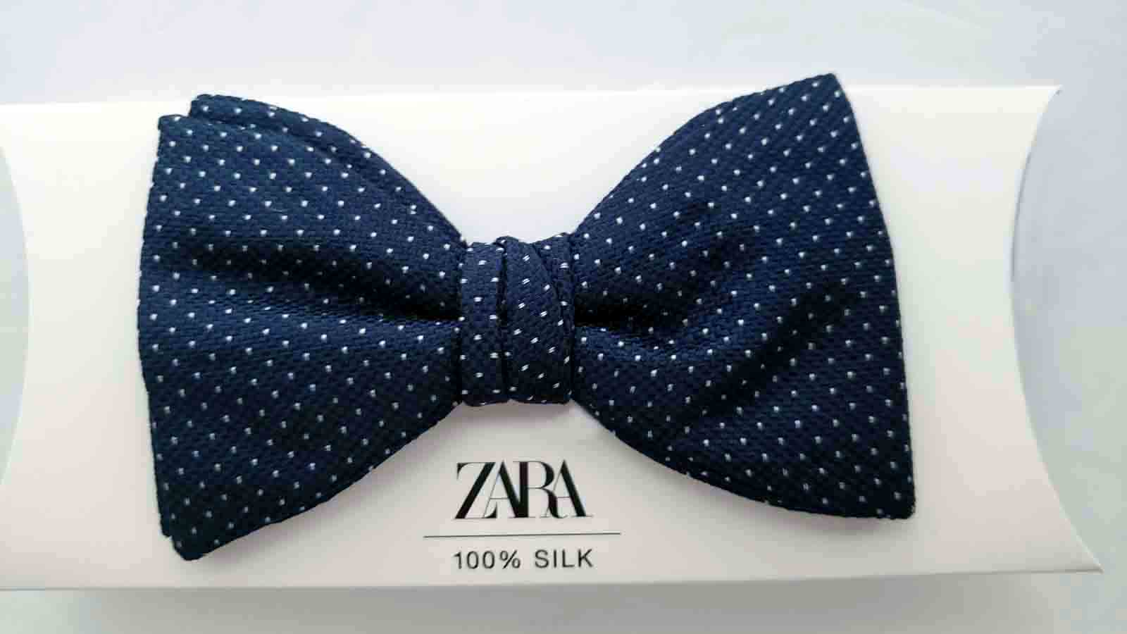 Zara Silk Bow Tie Navy Blue White Polka Dots Pre-Tied Men's