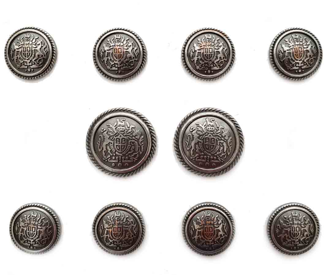 Vintage Alfani Semi-Dome Blazer Buttons Set Gray Silver Lion Unicorn Shield Pattern Brass Men's