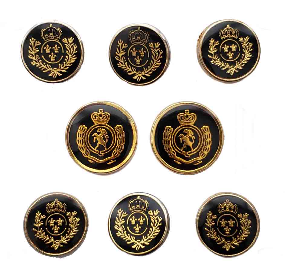 Vintage Aquascutum Blazer Buttons Set Gold Black Enamel Metal Crown Laurel Fleur de Lis Men's