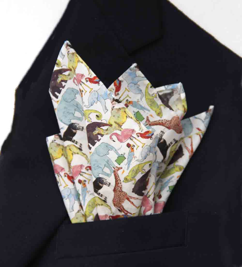 Hand Stitched Rolled Hem Pocket Square Tana Lawn Cotton Queue For The Zoo Pattern Men's