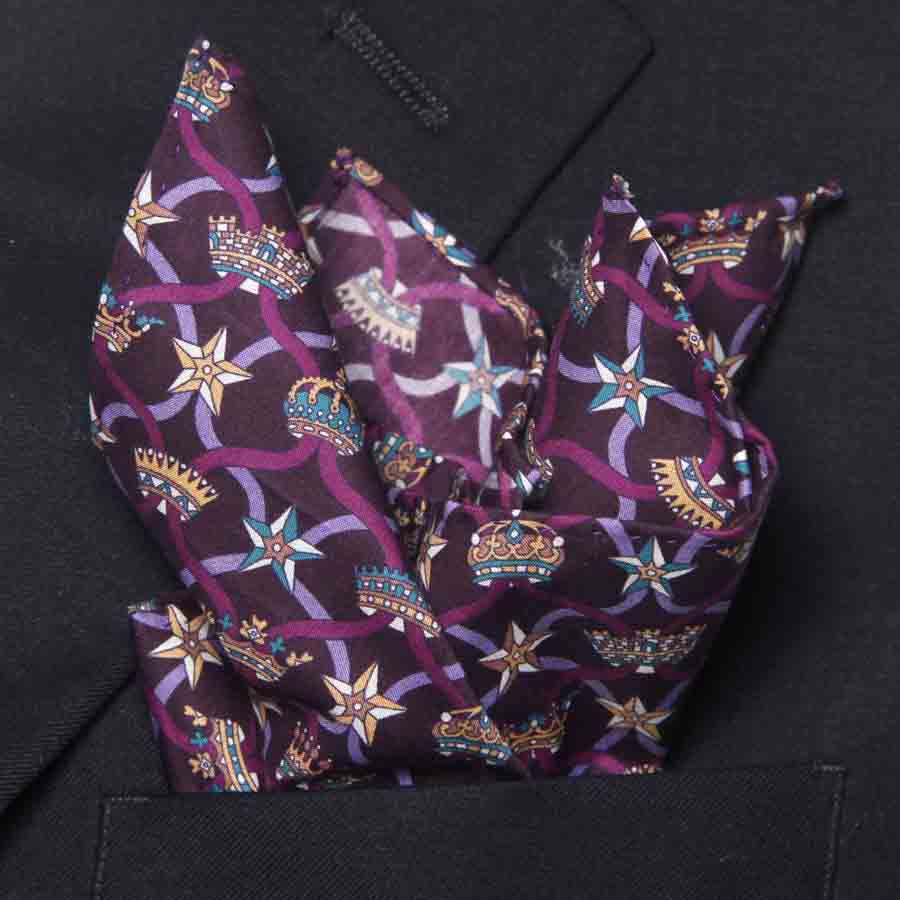 Hand Stitched Italian Organic Lawn Cotton Fabric Pocket Square Purple Gold Windsor Ribbon Pattern Men's