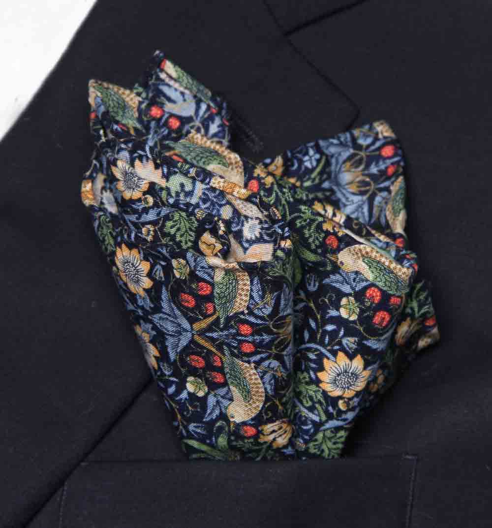 Hand Stitched Cotton Pocket Square Strawberry Thief Floral Pattern Men's