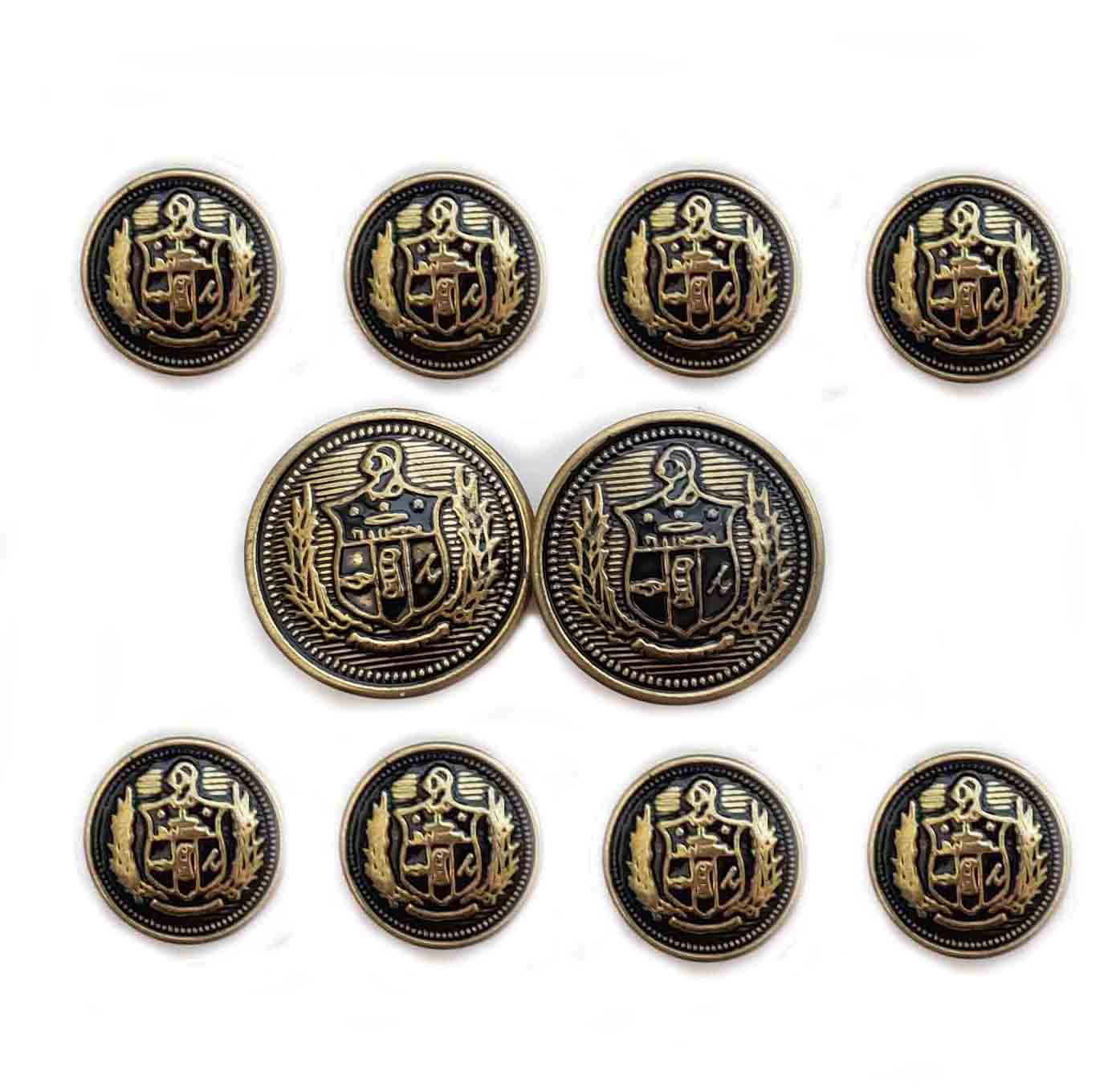 Vintage Corbin Blazer Buttons Set Antique Gold Black Brass Shield Pattern Men's