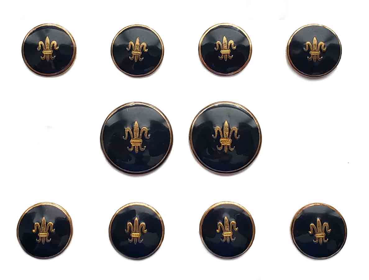 9 CT Gold Vintage Holland & Sherry England Blazer Buttons Set Navy Blue Enamel Fleur de Lis Pattern Men's