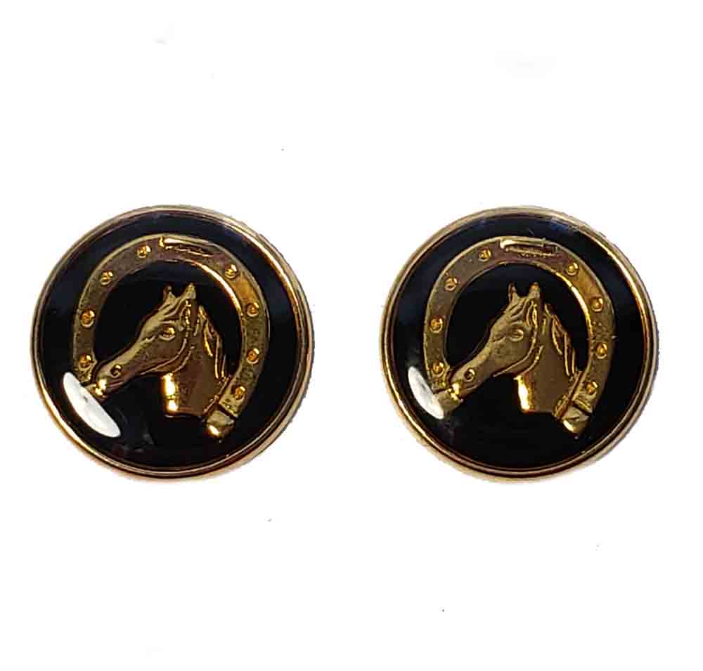 Two Lucky Horse Horseshoe Equestrian Blazer Buttons Gold Black Brass and Enamel Metal Men's