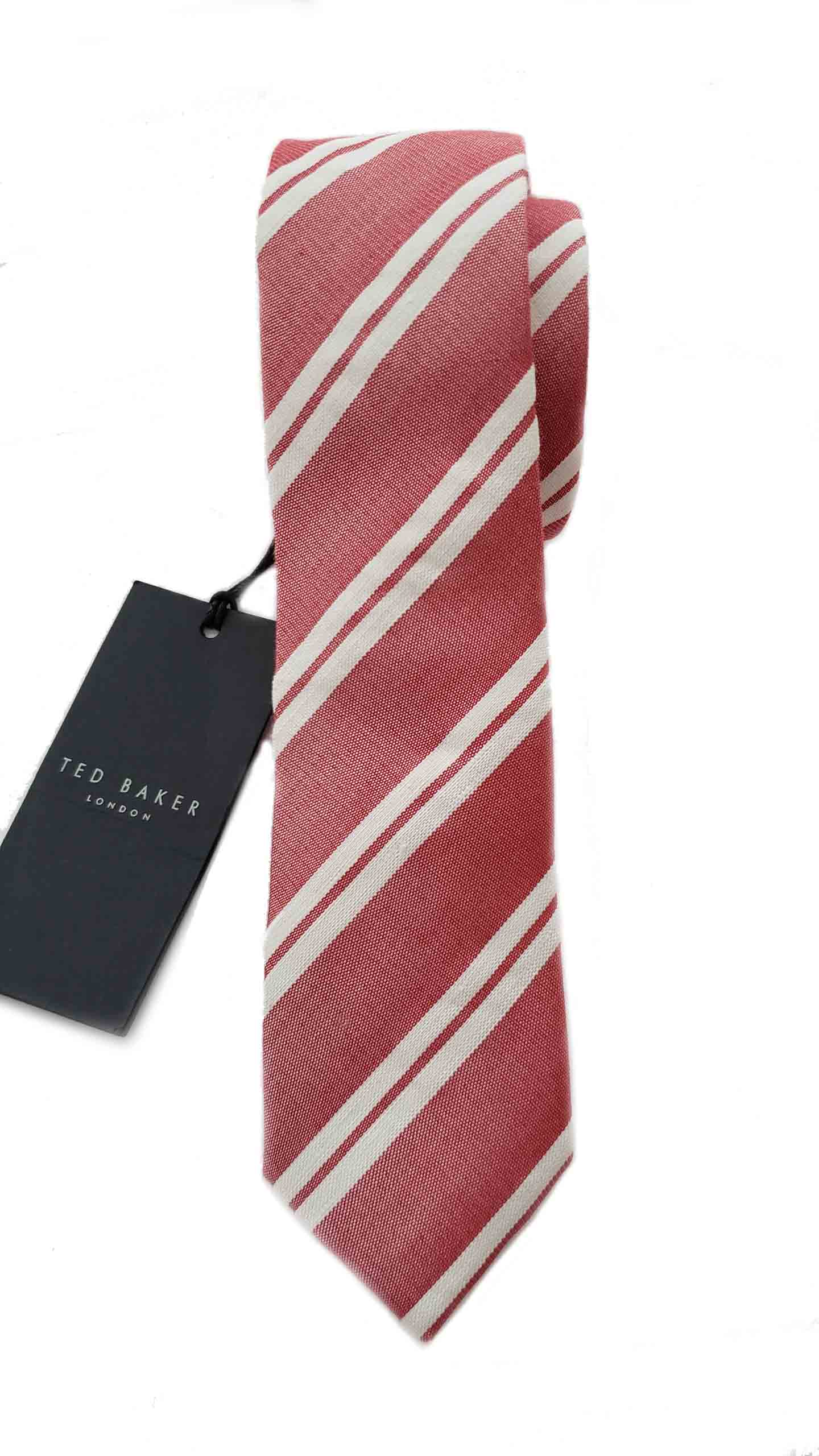 Ted Baker London Silk Linen Cotton Tie Red White Striped Narrow Men's