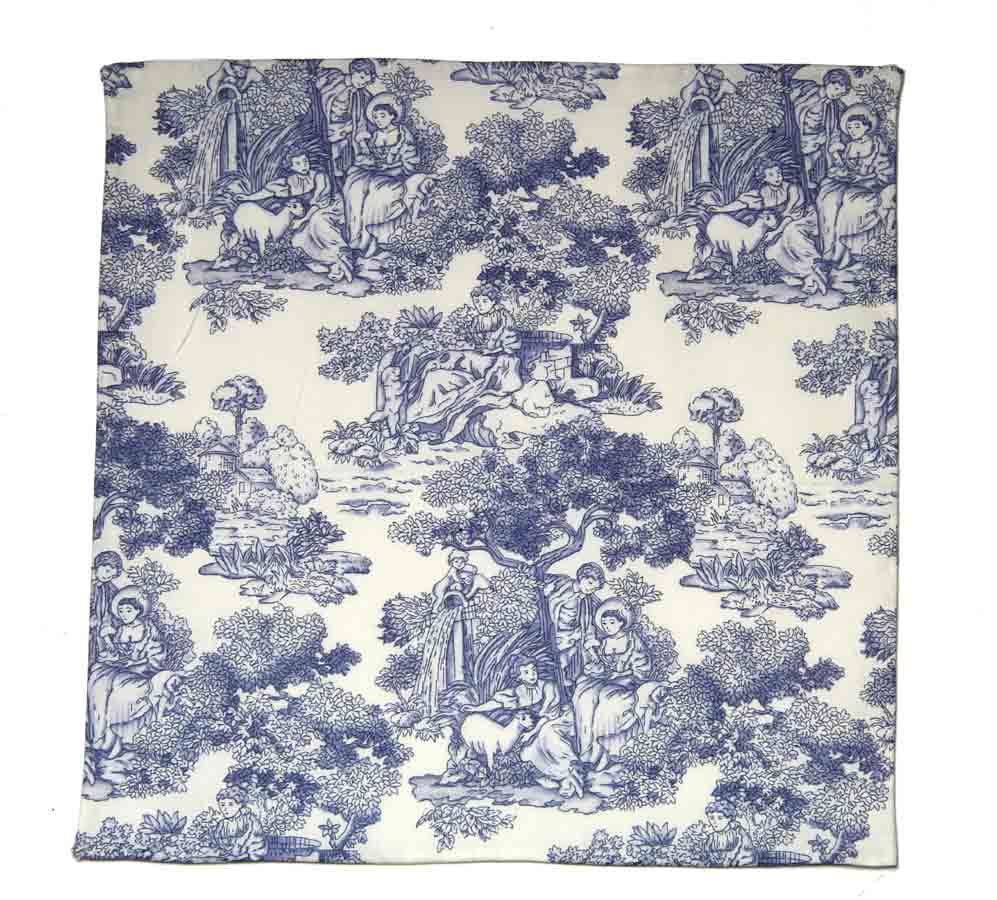 Hand Stitched Toile de Jouy Pattern Pocket Square Cotton White Blue Men's