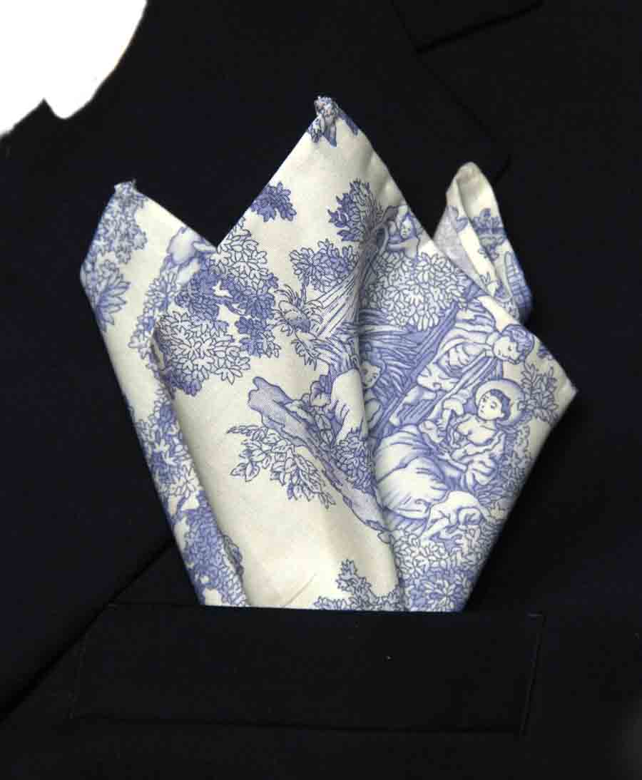 Hand Stitched Toile de Jouy Pattern Pocket Square Cotton White Blue Men's