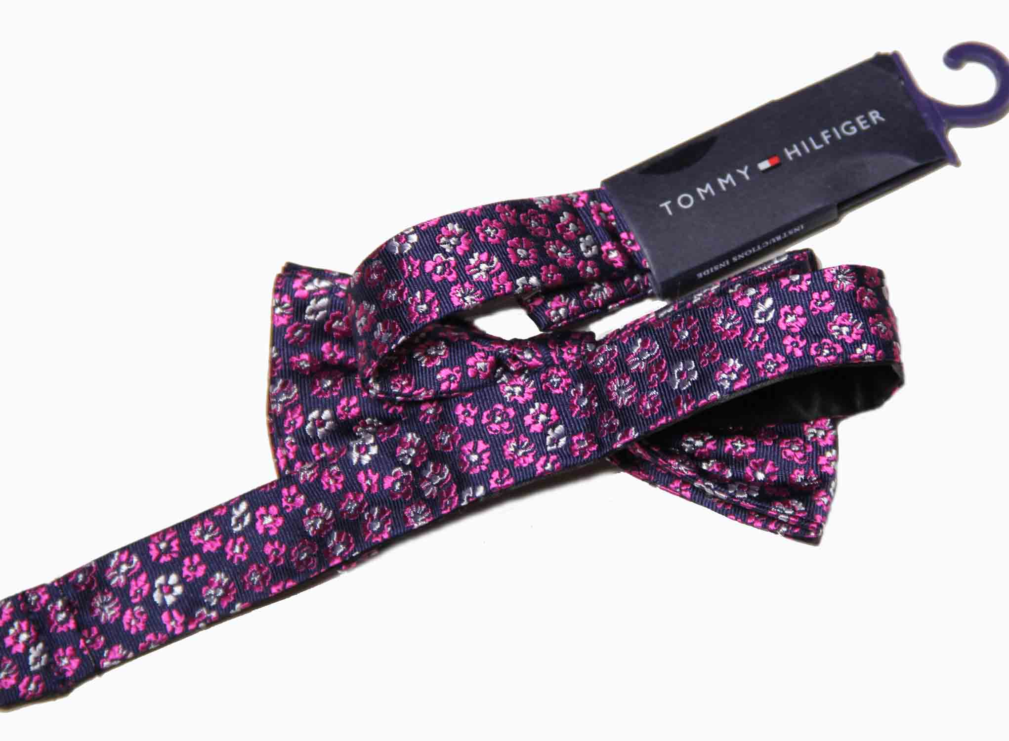 Tommy Hilfiger Floral Bow Tie Navy Blue Purple White Silk Pre-Tied Men's