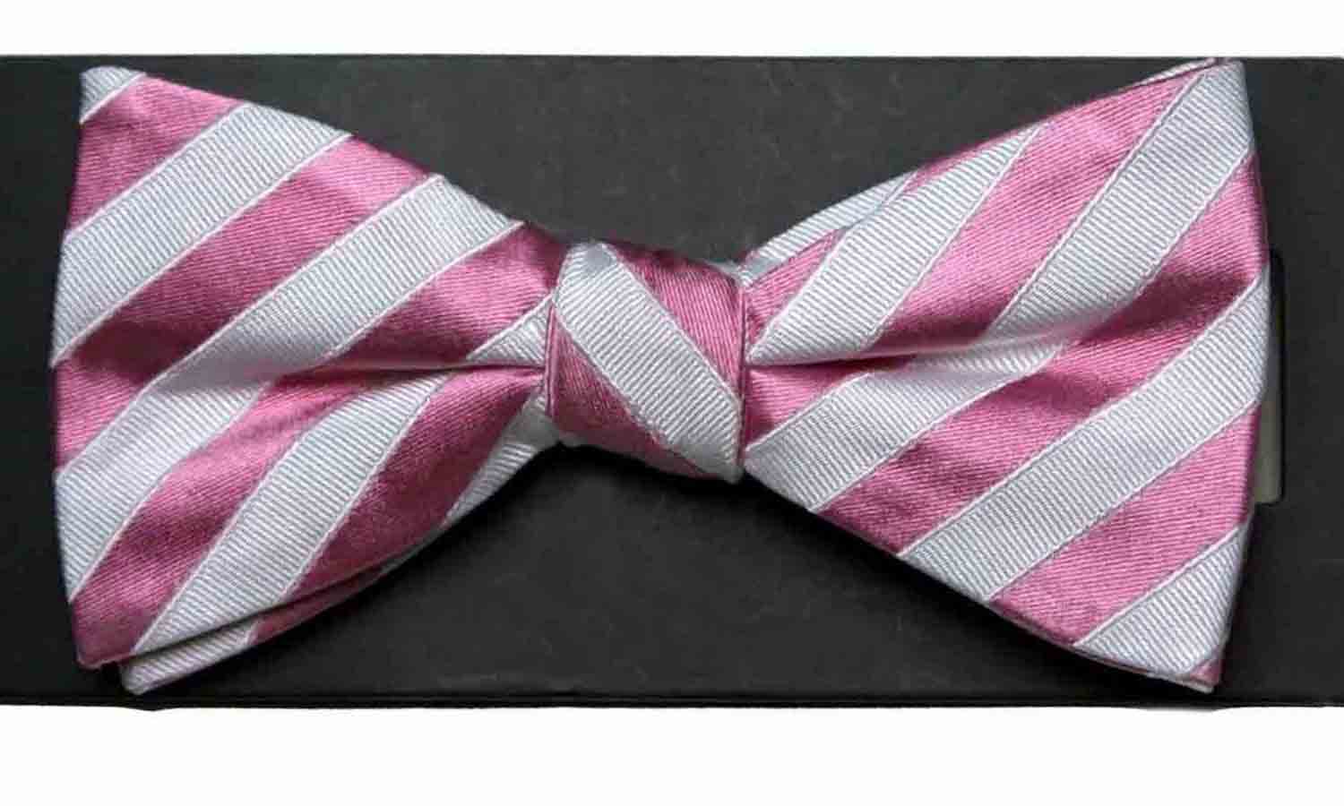 Countess Mara Silk Bow Tie Pre-Tied Pink White Repp Stripe Men's OS