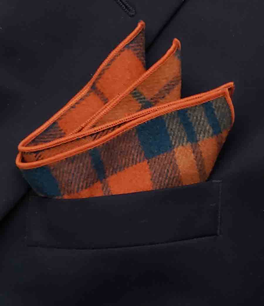 Gascoigne Pocket Square Wool Blend Plaid Orange Brown Black Men's