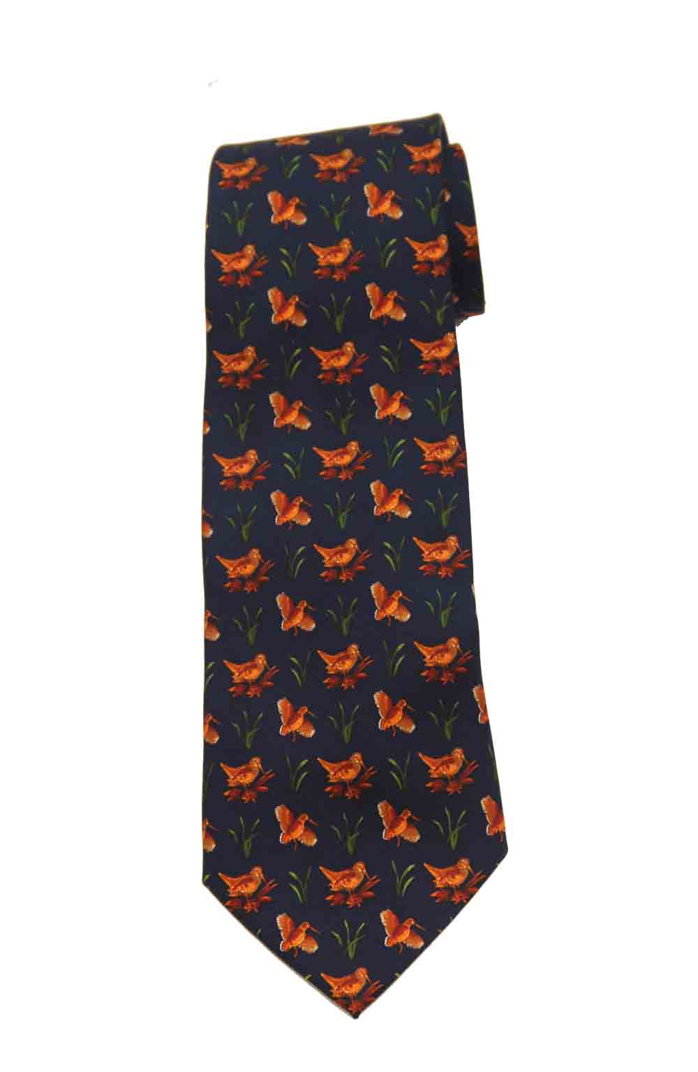Polo by Ralph Lauren Italian Silk Tie Navy Blue Brown Orange Birds Pattern