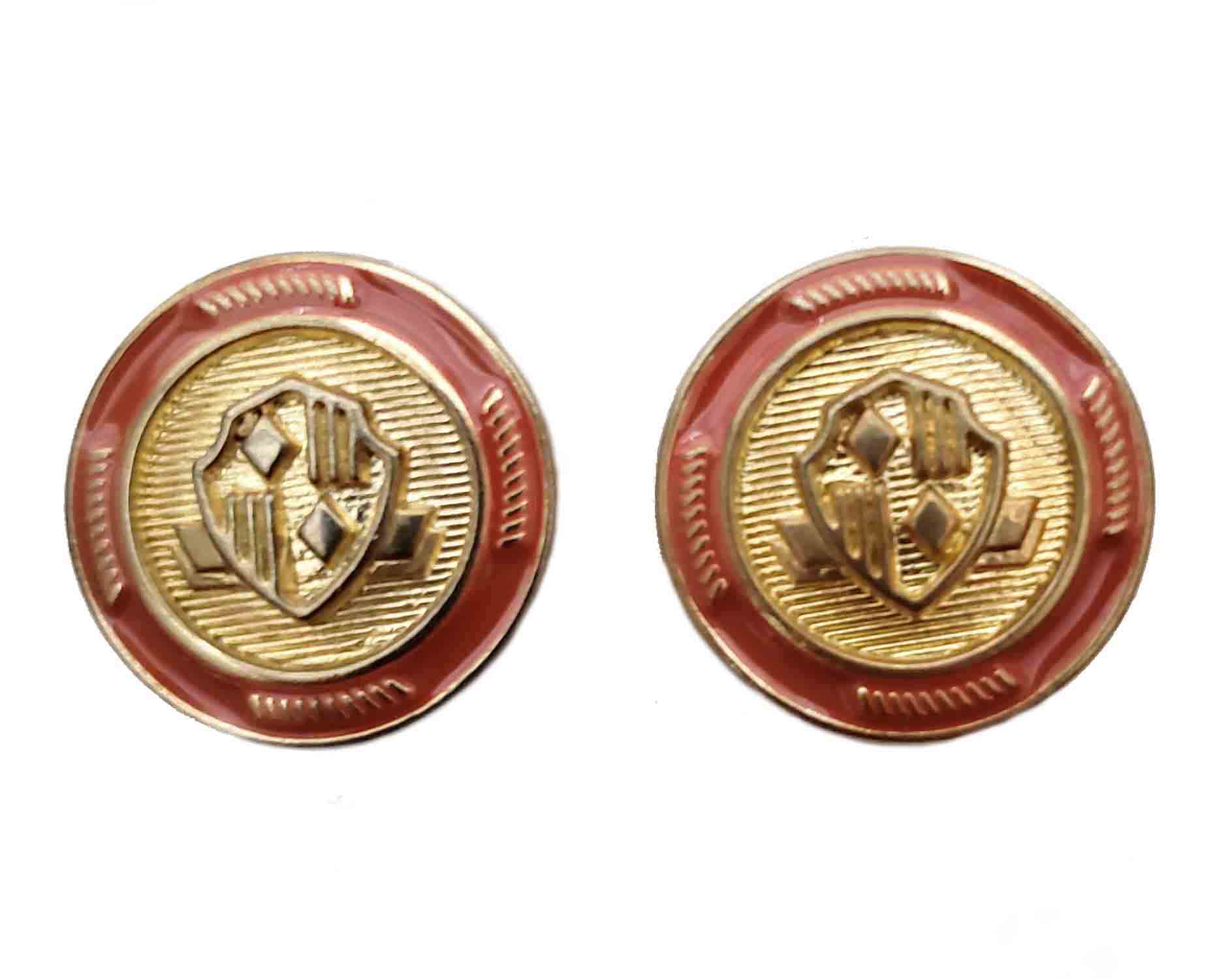 Two Vintage Campus Blazer Buttons Gold Brass Coral Orange Enamel Shield Pattern Men's