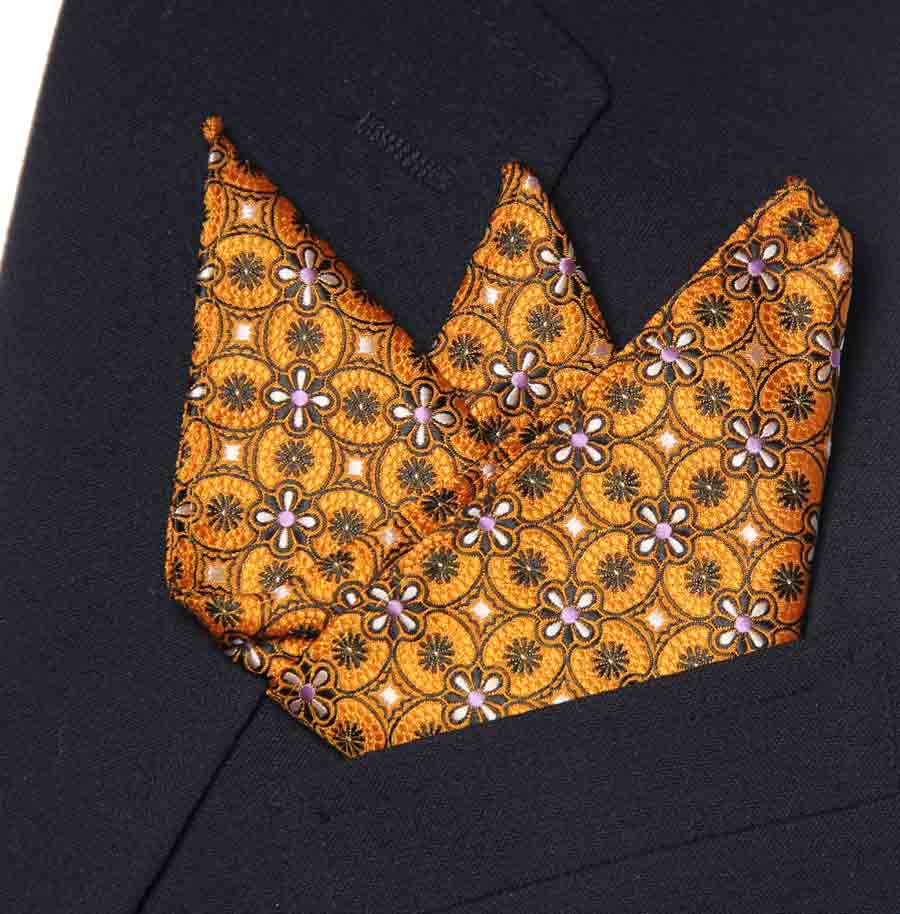 Gascoigne Floral Pocket Square Orange Brown White Lavender Men's