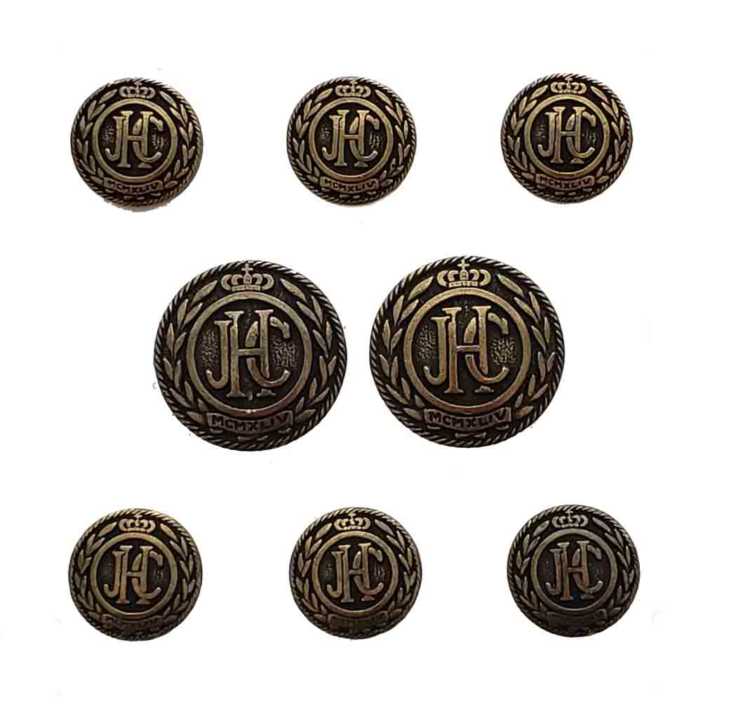 Vintage Semi-Dome JHC JCH Monogram Blazer Buttons Set Antique Gold Brown Brass Men's