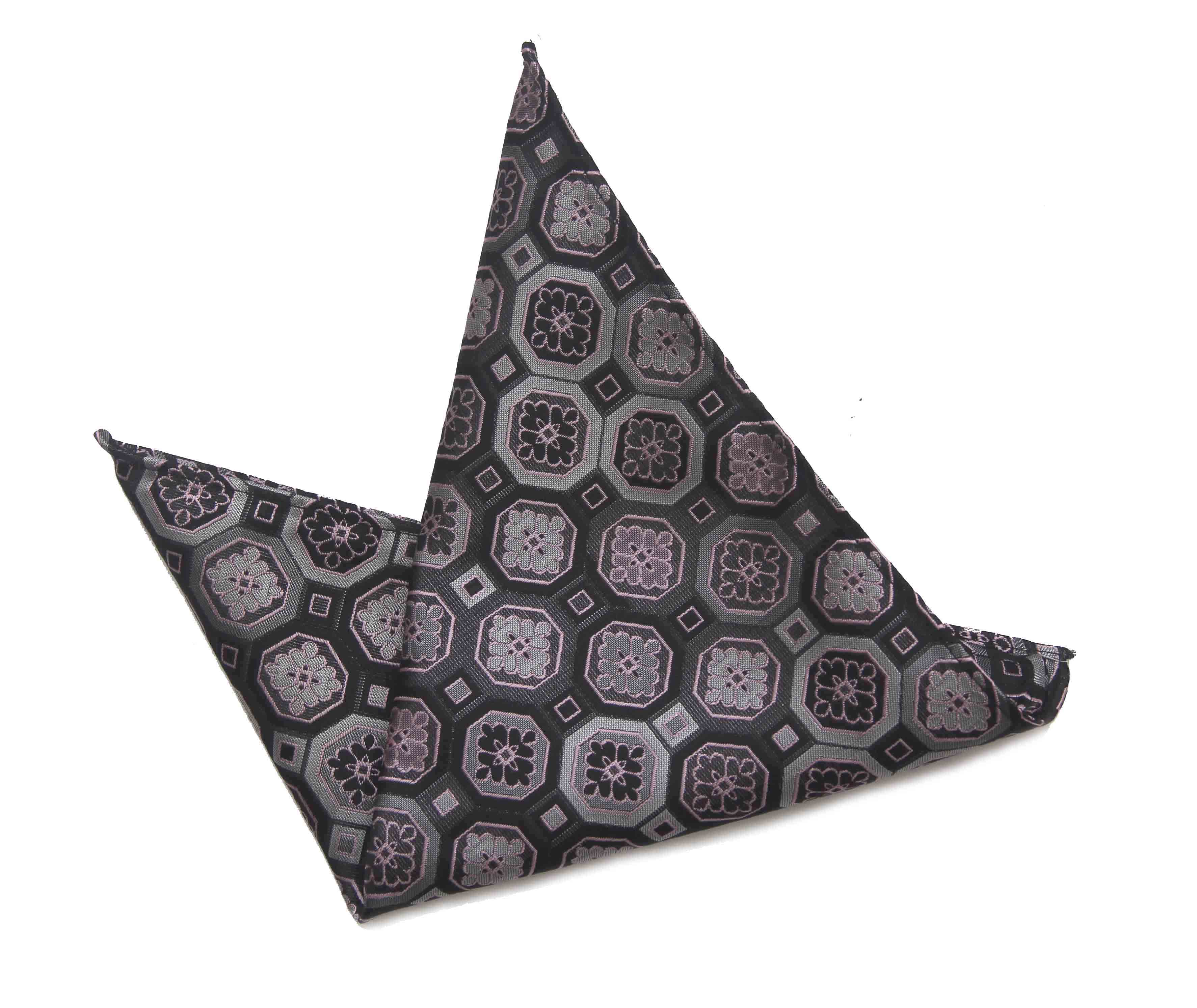 Gascoigne Pocket Square Gray Pink Geometric and Floral Pattern Men's