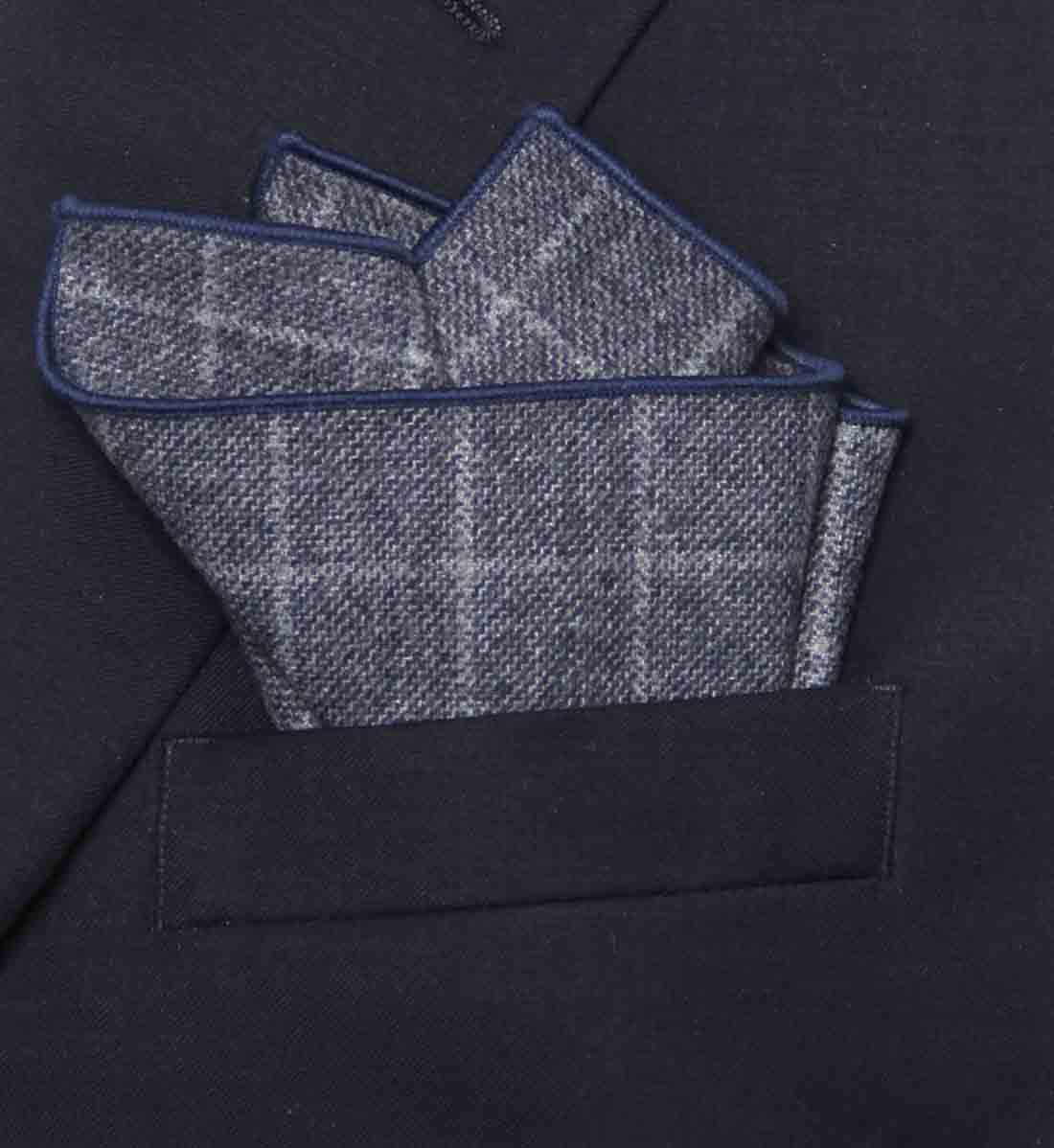 Gascoigne Pocket Square Wool Blend Gray Navy Blue Window Pane Pattern Men's