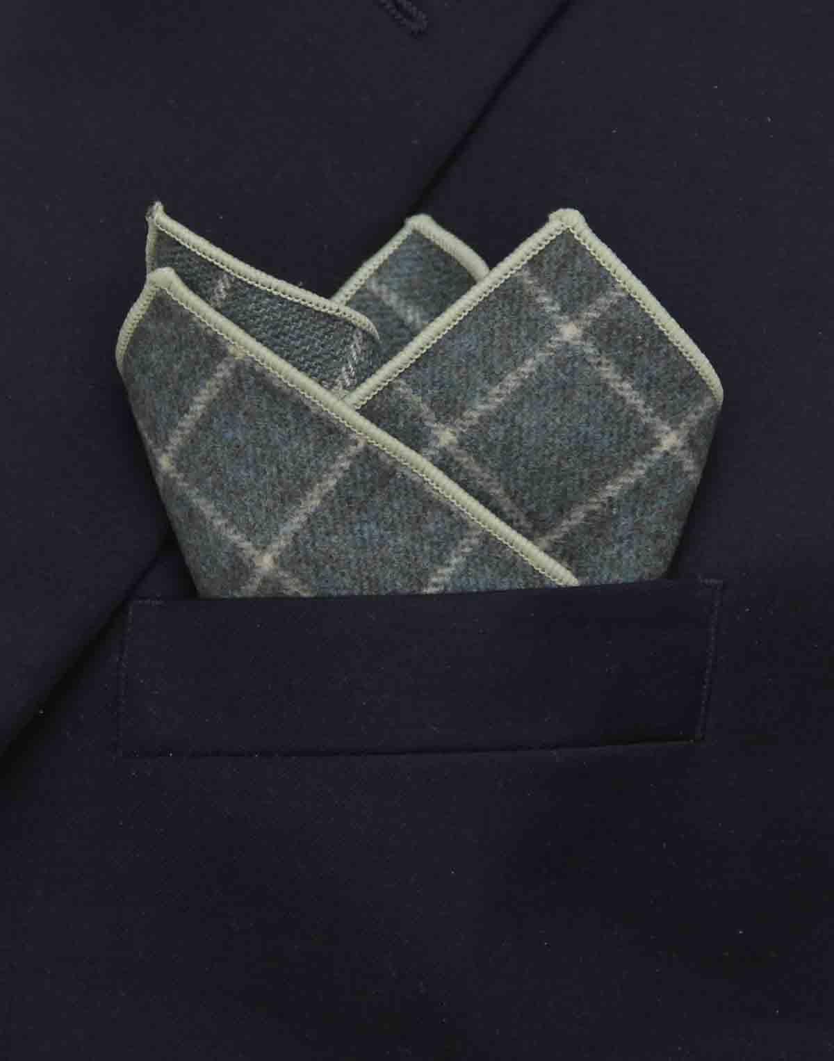 Gascoigne Wool Pocket Square Green Window Pane Check Pattern Men's