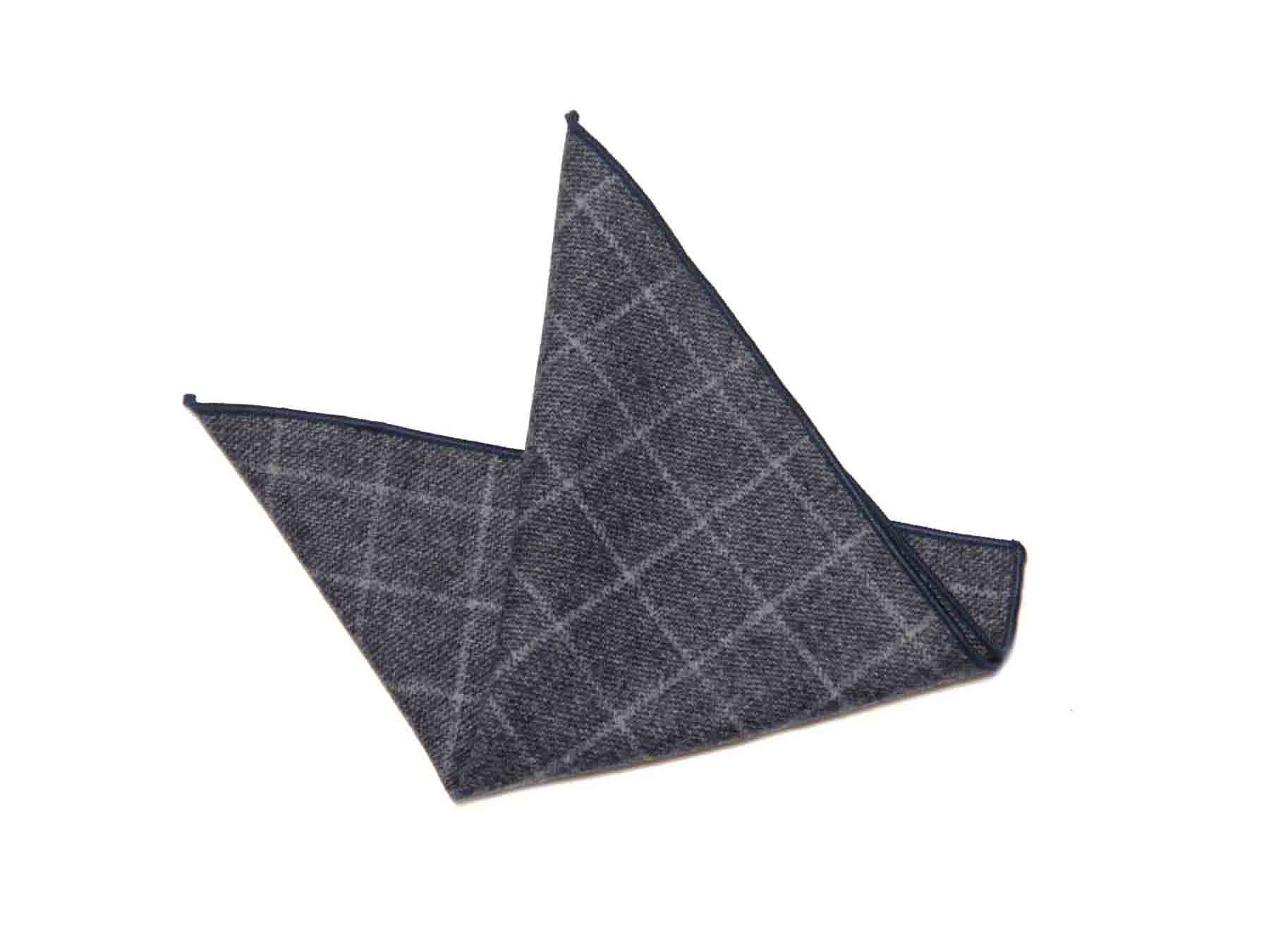 Gascoigne Pocket Square Wool Blend Gray Navy Blue Window Pane Pattern Men's