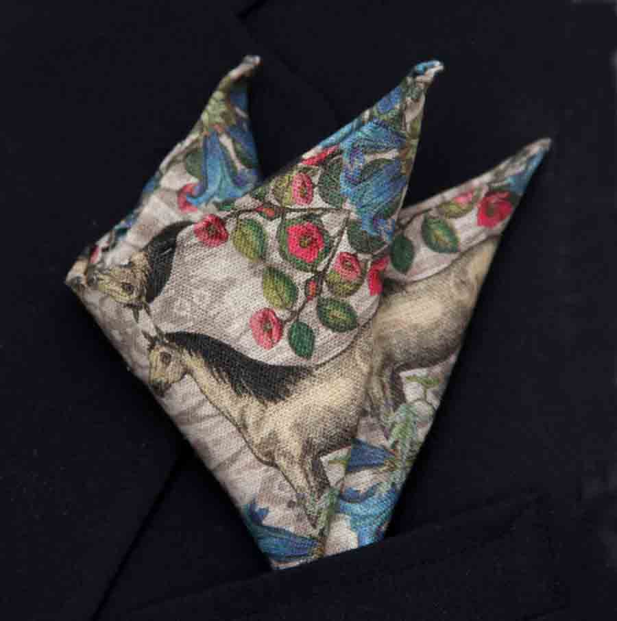 Hand Stitched European Linen Pocket Square Horses Floral Tan Red Brown Blue Men's