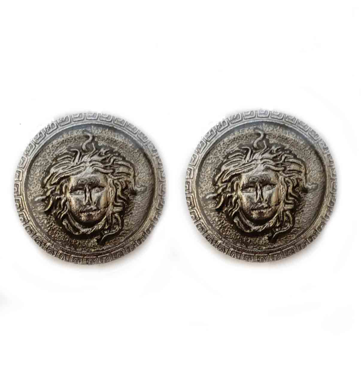 Two Vintage Medusa Head Blazer Buttons Metal Enamel Gray Silver Men's