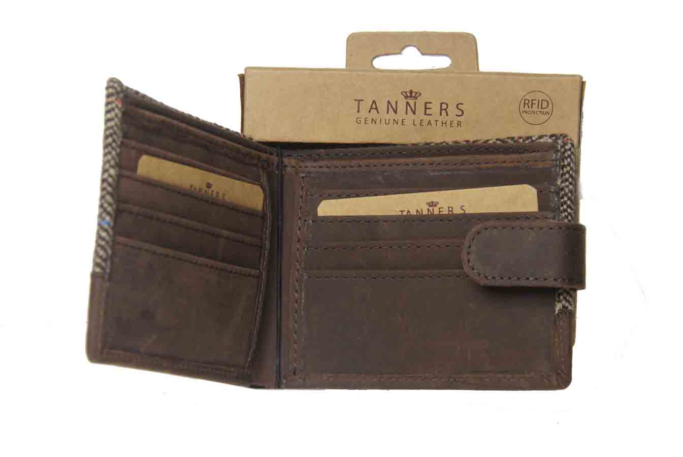 Tanners Genuine Cowhide Leather + Wool Herringbone Bifold Wallet Brown RFID Blocking Men's