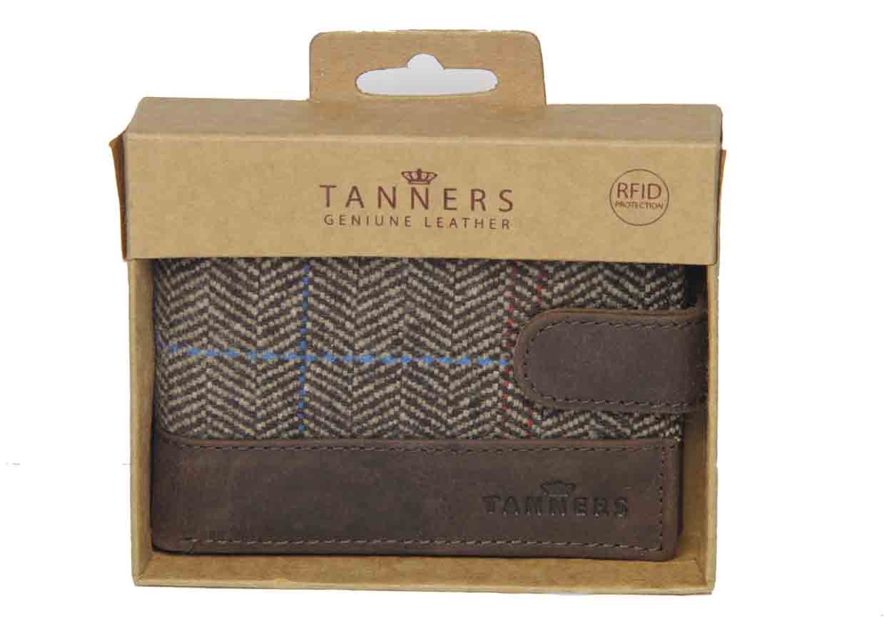 Tanners Genuine Cowhide Leather + Wool Herringbone Bifold Wallet Brown RFID Blocking Men's