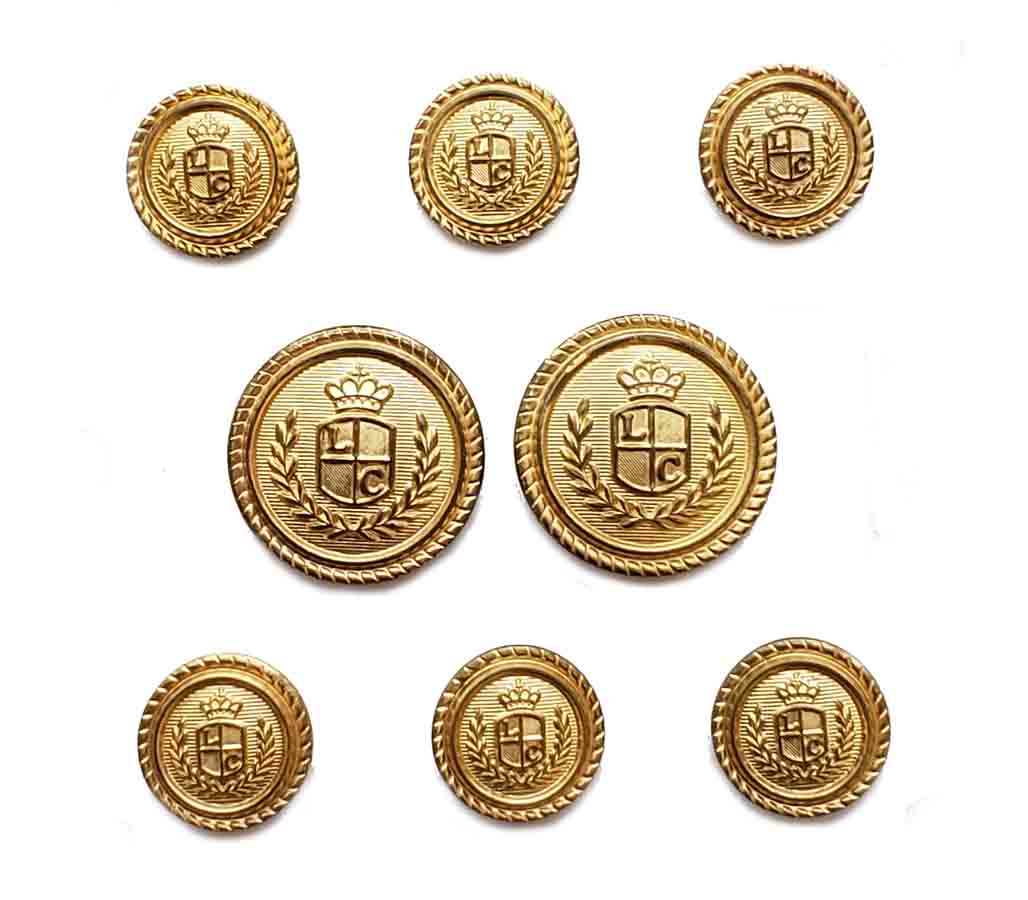 Vintage Waterbury Blazer Buttons Set Gold Brass Shank Crown Shield LC Monogram