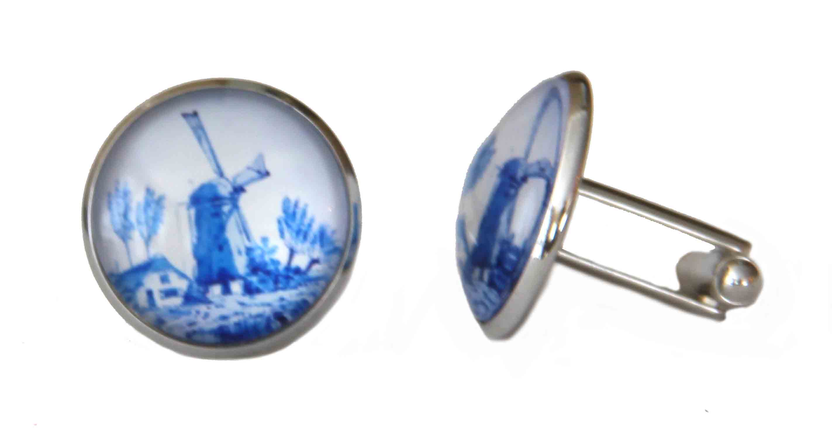 Gascoigne Cufflinks Handmade Delft Pattern Windmill Blue White Silver Men's