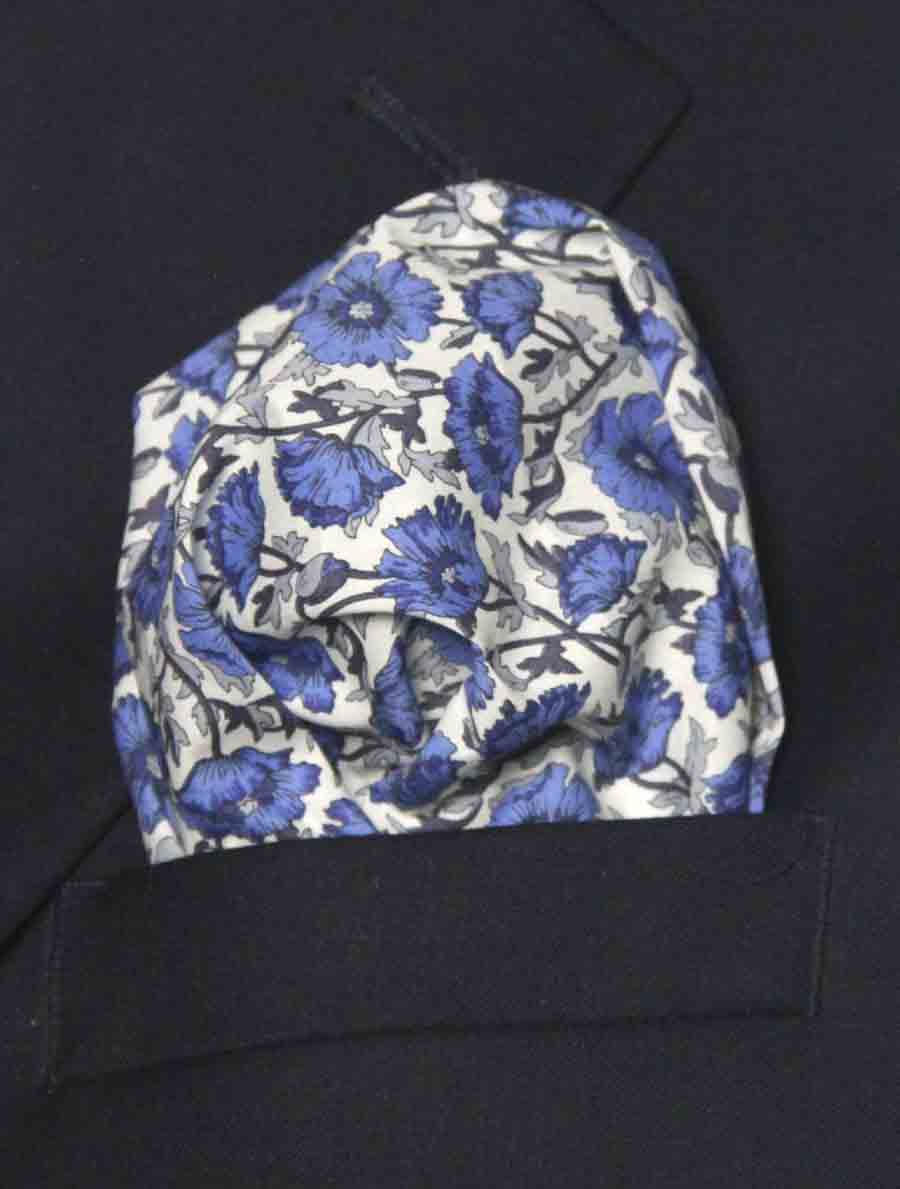 Hand Stitched Tana Lawn Italian Cotton Floral Pocket Square Blue Black