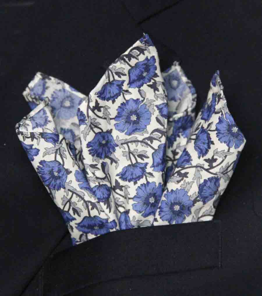 Hand Stitched Tana Lawn Italian Cotton Floral Pocket Square Blue Black
