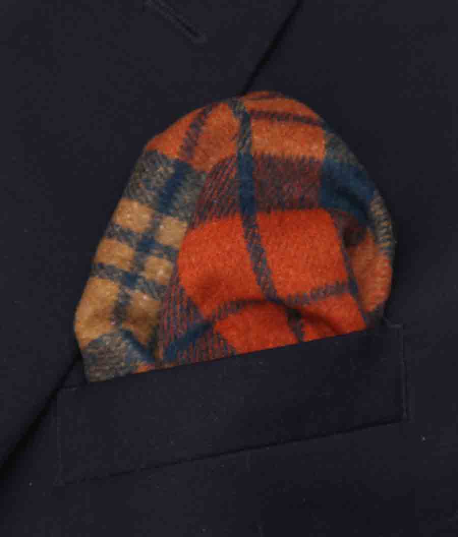 Gascoigne Pocket Square Wool Blend Plaid Orange Brown Black Men's