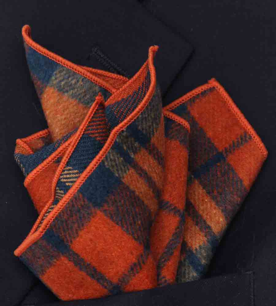 Gascoigne Pocket Square Wool Blend Plaid Orange Brown Black Men's