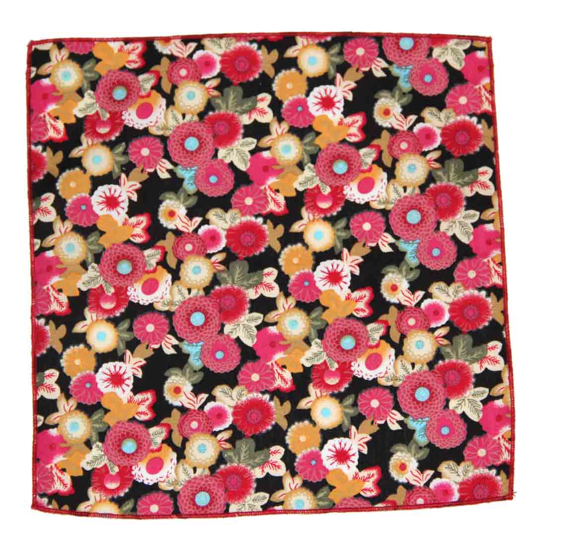 Gascoigne Pocket Square Floral Cotton Pink Red Yellow Black Men's