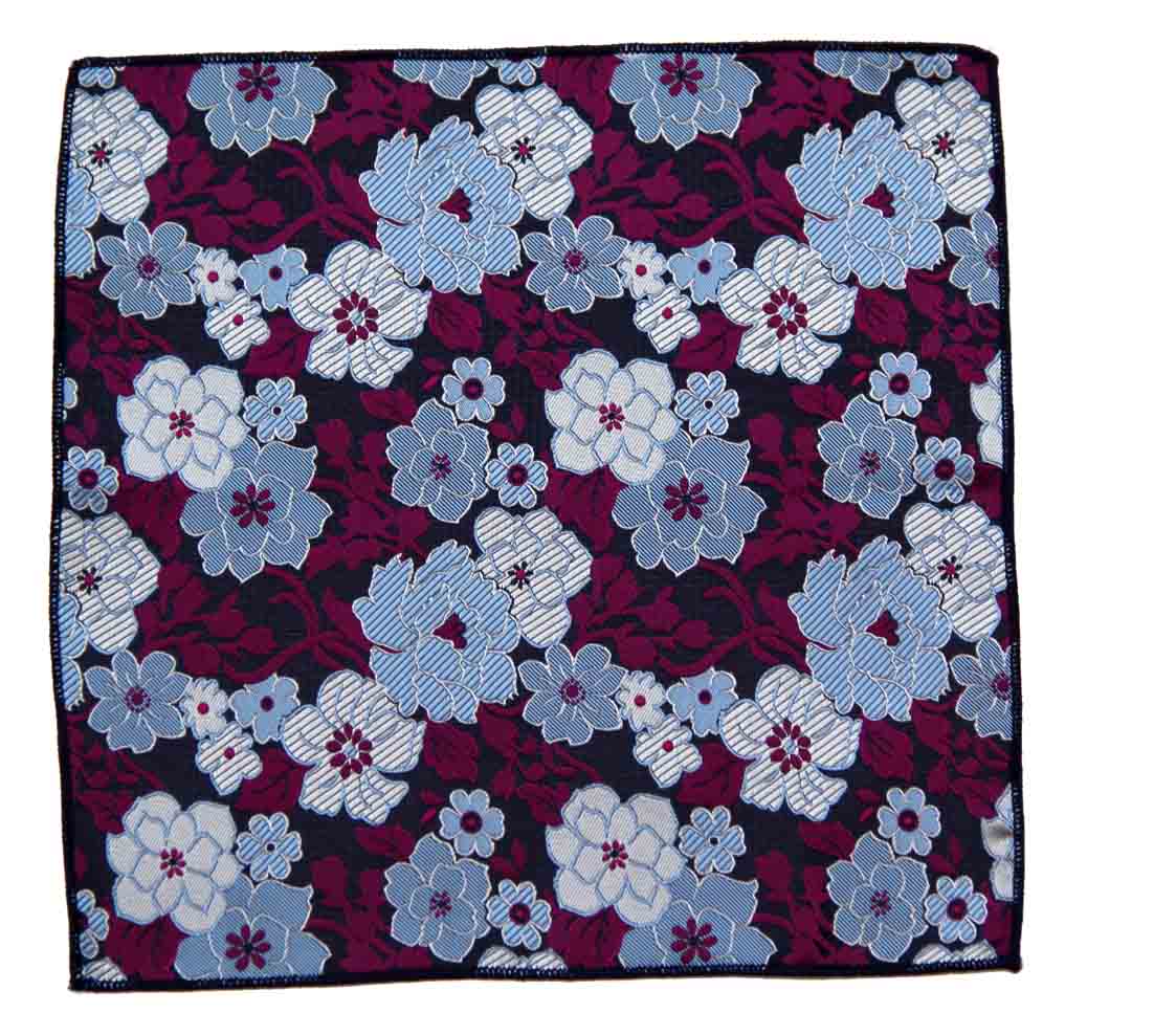Gascoigne Pocket Square Floral Blue Black Purple Gray White Silk Men's