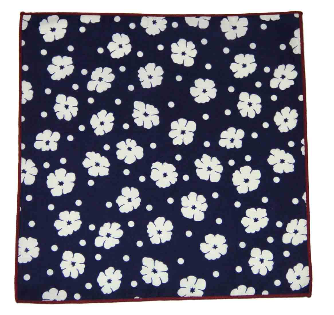 Gascoigne Pocket Square Floral Dots Navy Blue White Red Cotton Men's