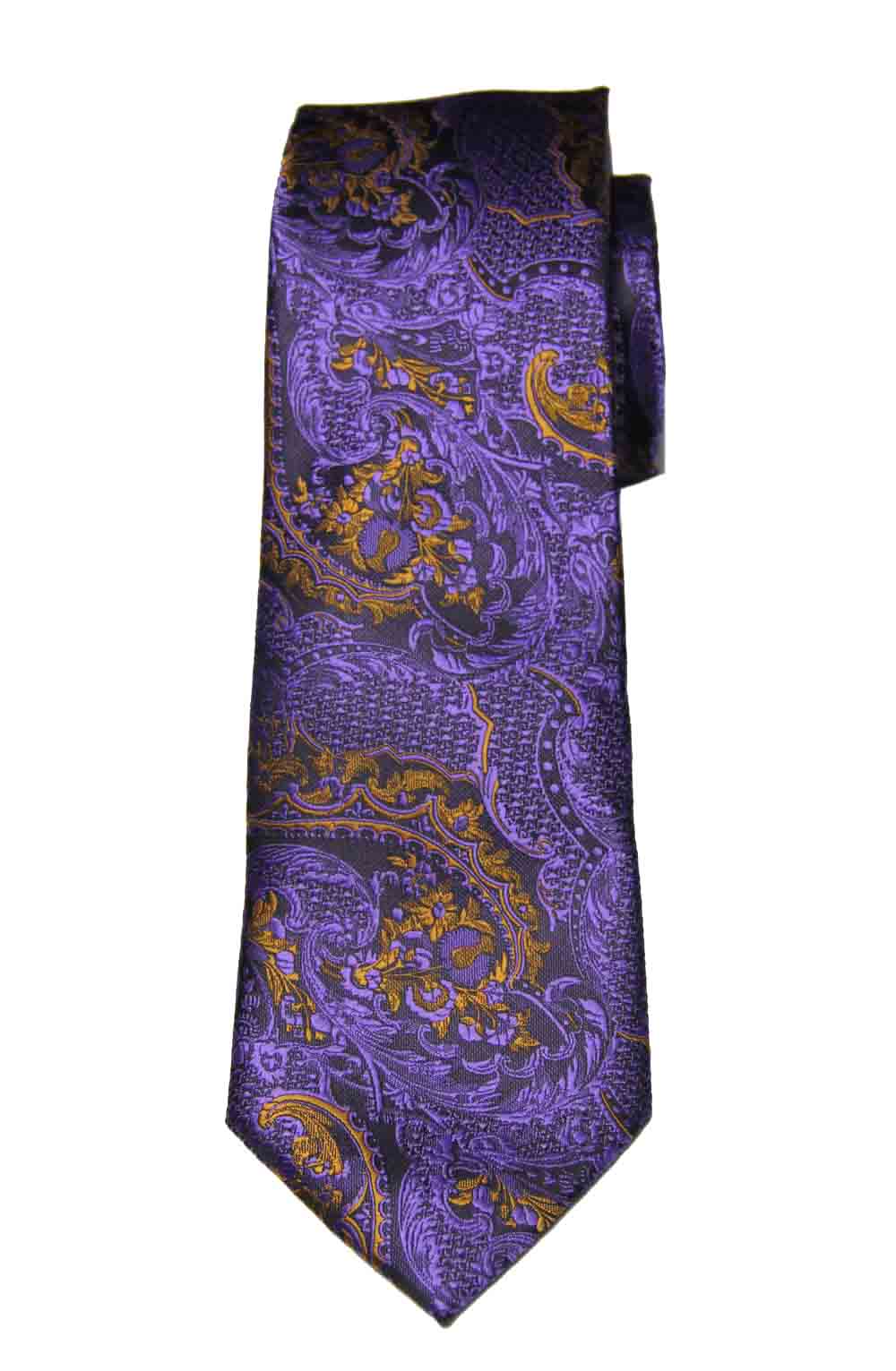 Gascoigne Silk Tie Purple Black Gold Floral Scroll Men's