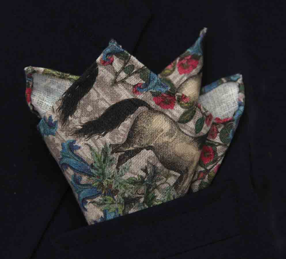 Hand Stitched European Linen Pocket Square Horses Floral Tan Red Brown Blue Men's