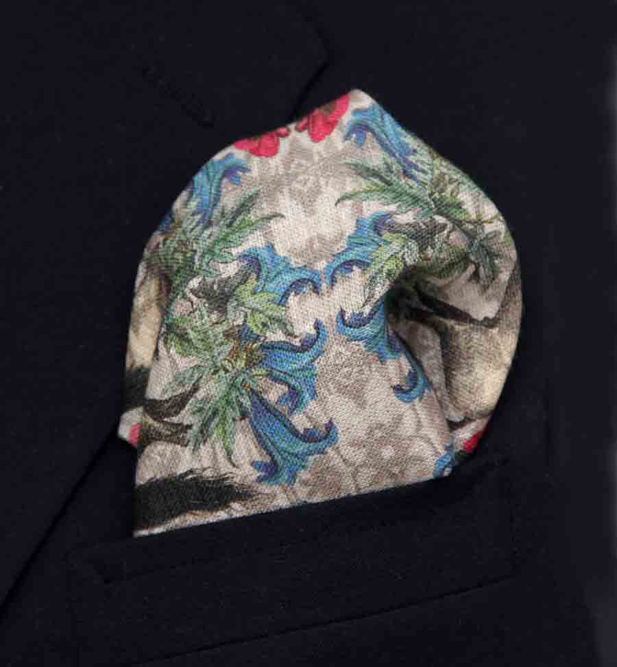 Hand Stitched European Linen Pocket Square Horses Floral Tan Red Brown Blue Men's
