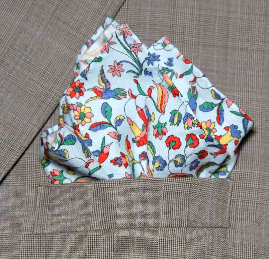New Hand Stitched Cotton Pocket Square Liberty of London Flora & Fauna Fabric Birds Floral Men's