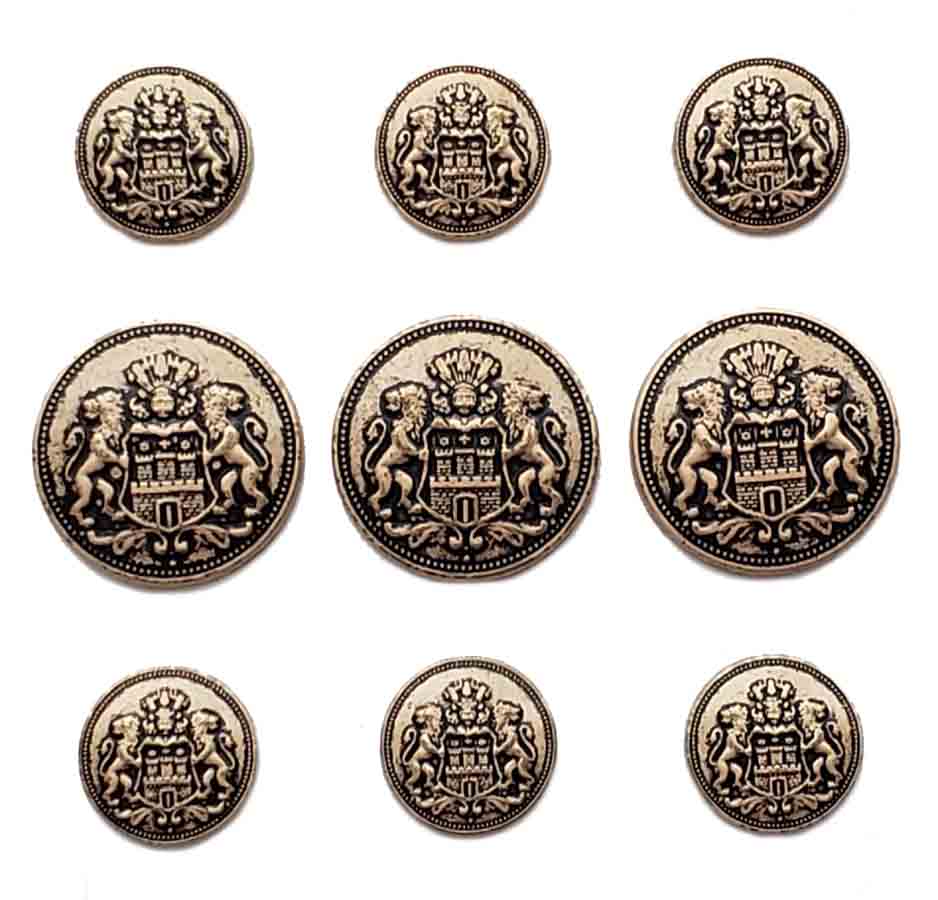 Vintage Lions & Shield Semi-Dome Blazer Buttons Set Gold Gray TR7 Men's