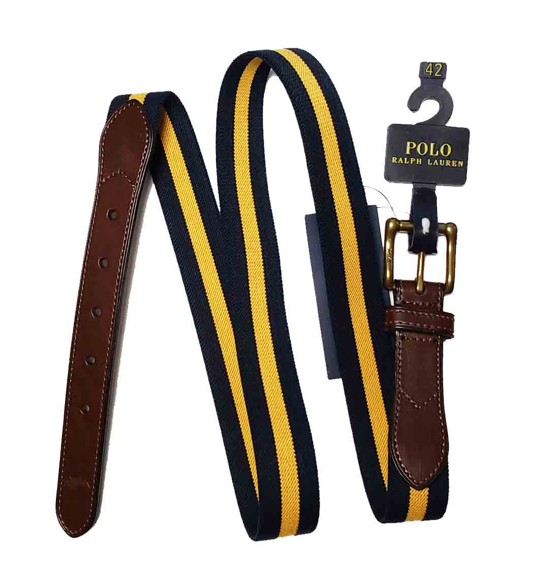 Polo by Ralph Lauren Belt Navy Blue Gold Striped Men's Size 42